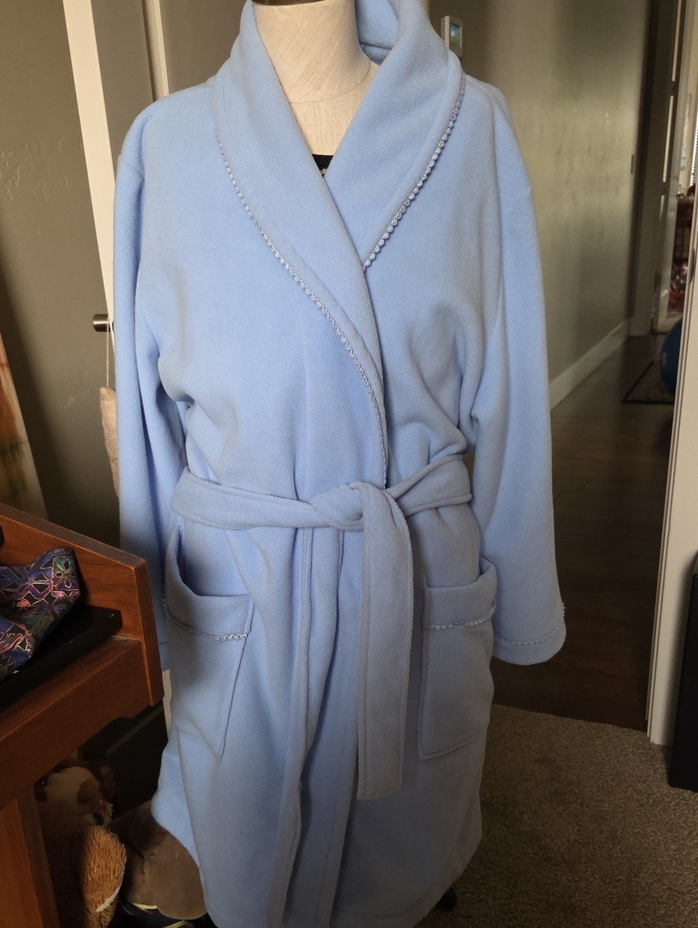 Light Blue Women's Fleece Robe with Shawl Collar
